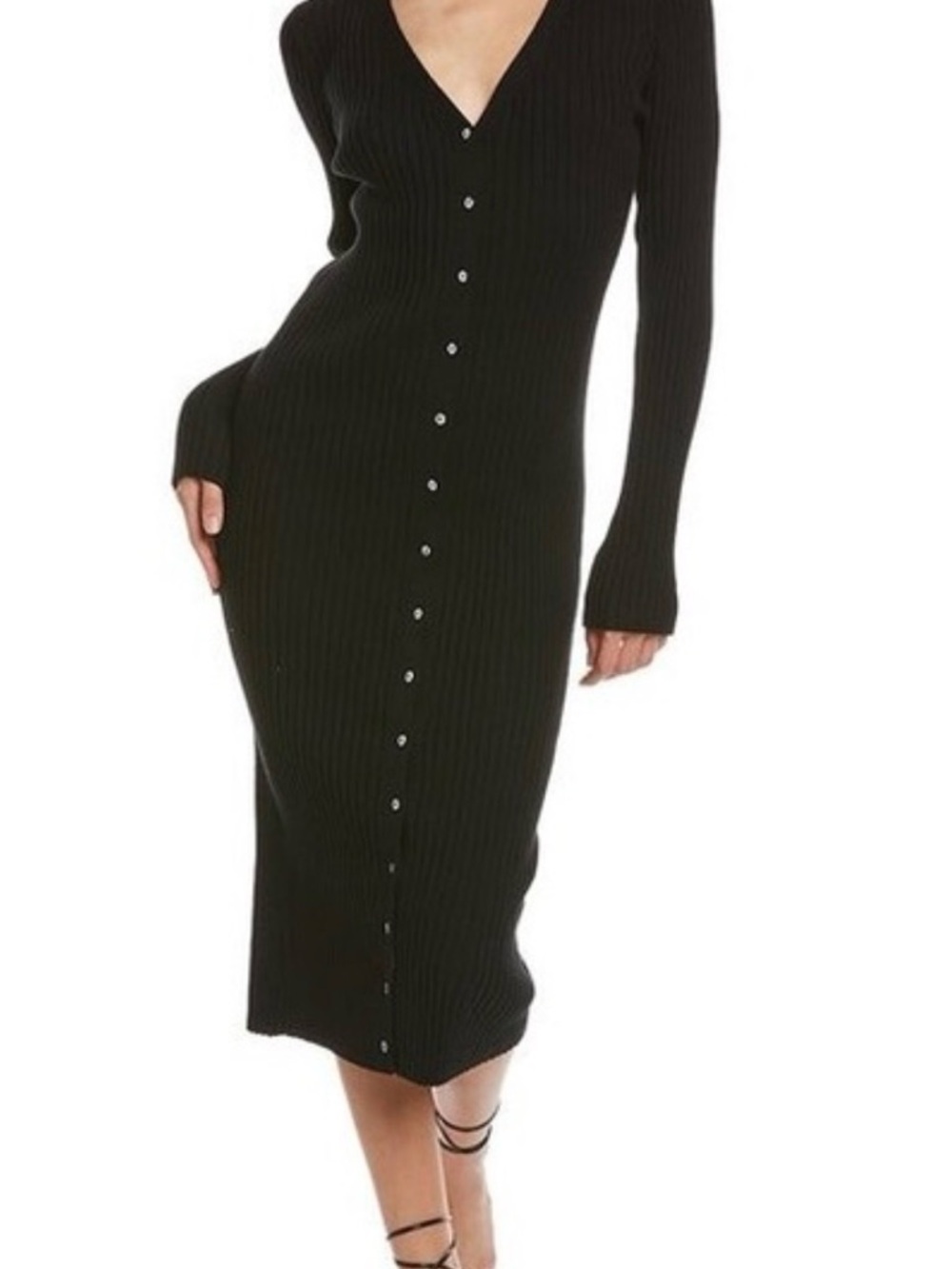 NWOT 525 America Black Ribbed Button-Front Midi Dress